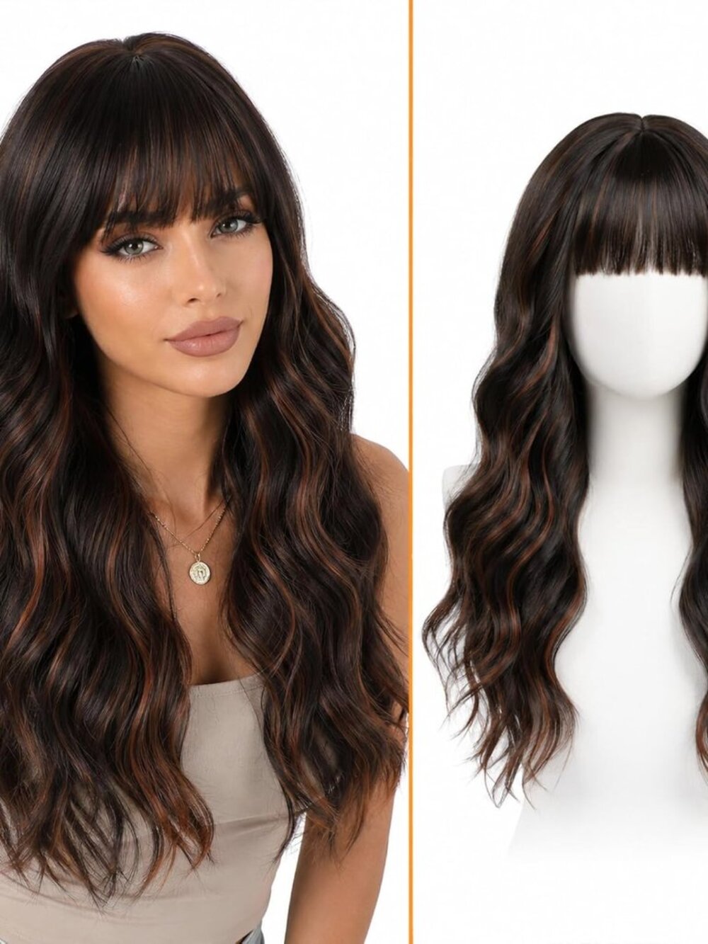 22" Long Synthetic Wavy Dark Brown Wig with Bangs and Highlights